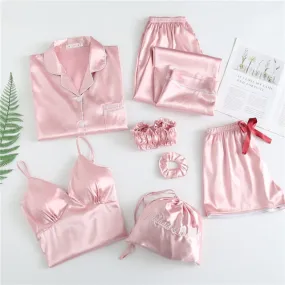 7 piece faux satin silk with chest pad sling shorts pajamas set