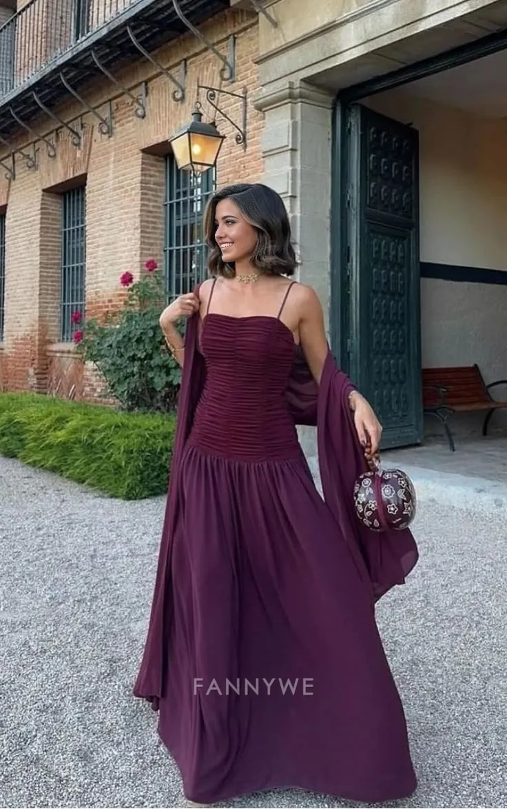 A-Line Elegant Spaghetti Straps Chiffon Long formal dresses Bridesmaid Dresses evening gown Prom Dress