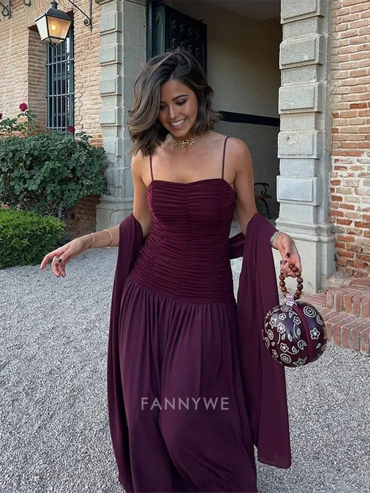 A-Line Elegant Spaghetti Straps Chiffon Long formal dresses Bridesmaid Dresses evening gown Prom Dress
