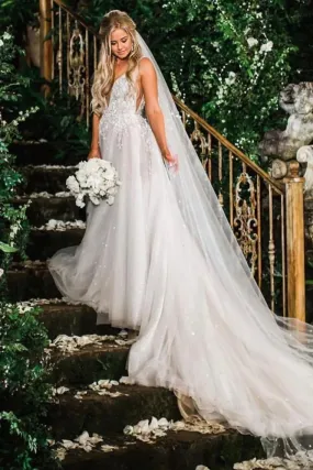 A Line Elegant V Neck Beads Tulle Long Backless Ball Gown Bride Dresses Wedding Dresses