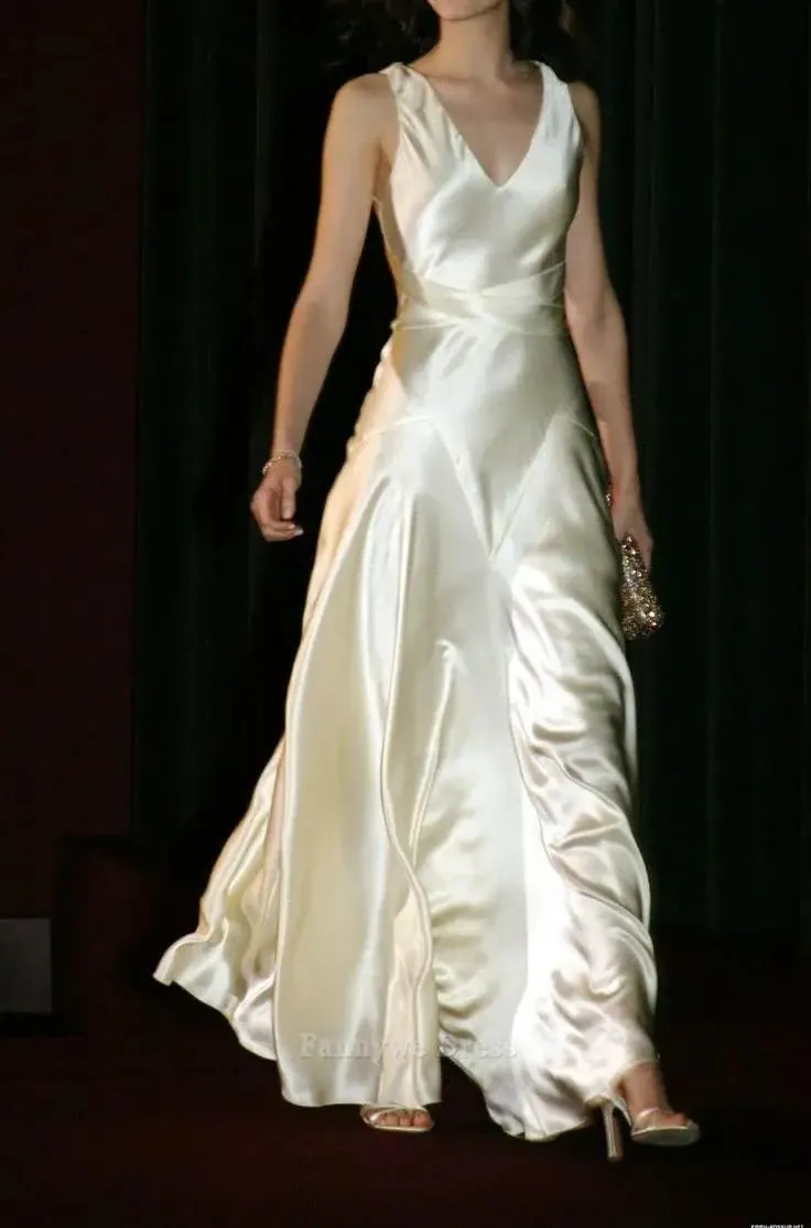 A-Line Elegant V Neck Ivory Satin Long formal dresses Bridesmaid Dresses evening gown Prom Dress