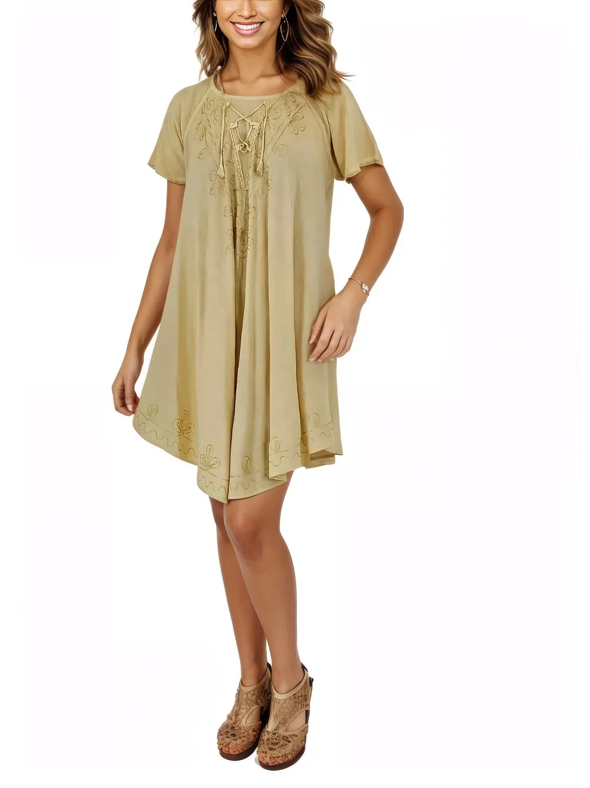 Antiqued Yellow Boho Short Sleeve Flowy Dress – Loose Fit| Tenku Designs