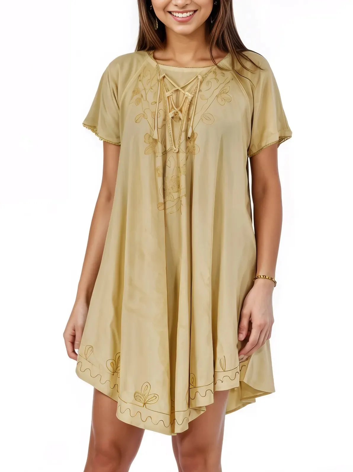Antiqued Yellow Boho Short Sleeve Flowy Dress – Loose Fit| Tenku Designs