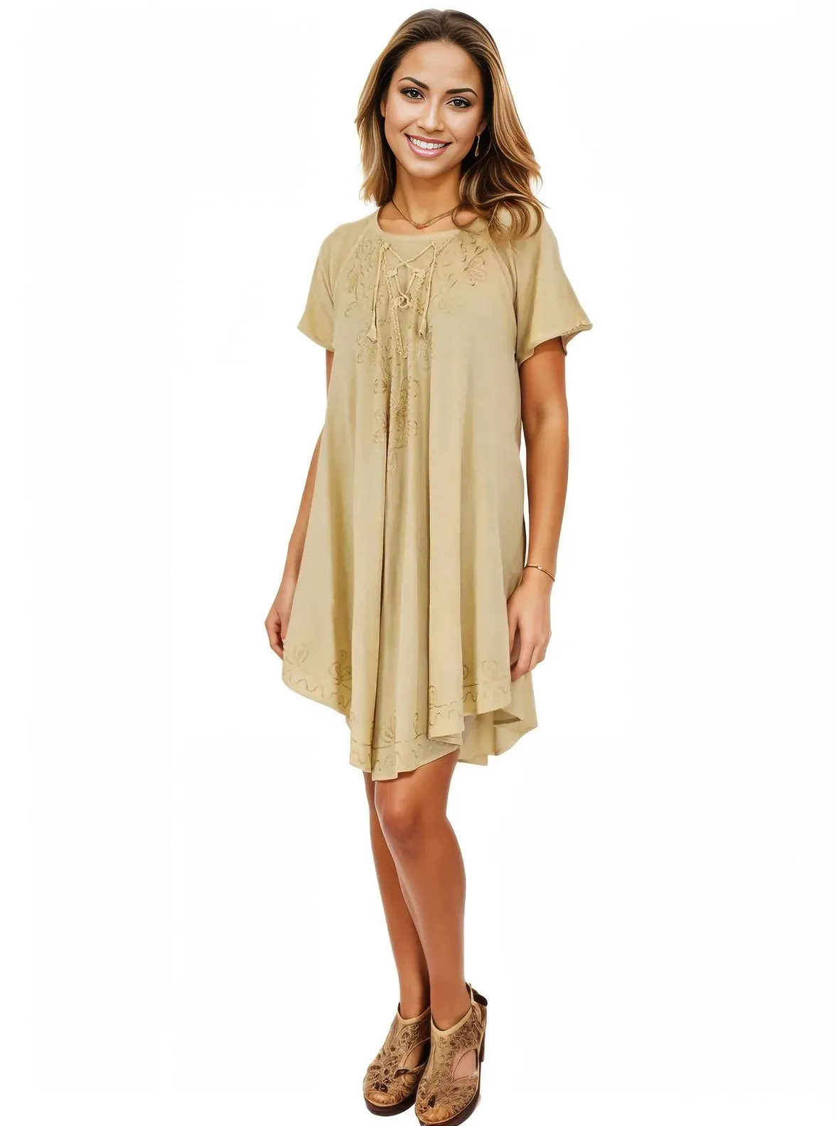 Antiqued Yellow Boho Short Sleeve Flowy Dress – Loose Fit| Tenku Designs