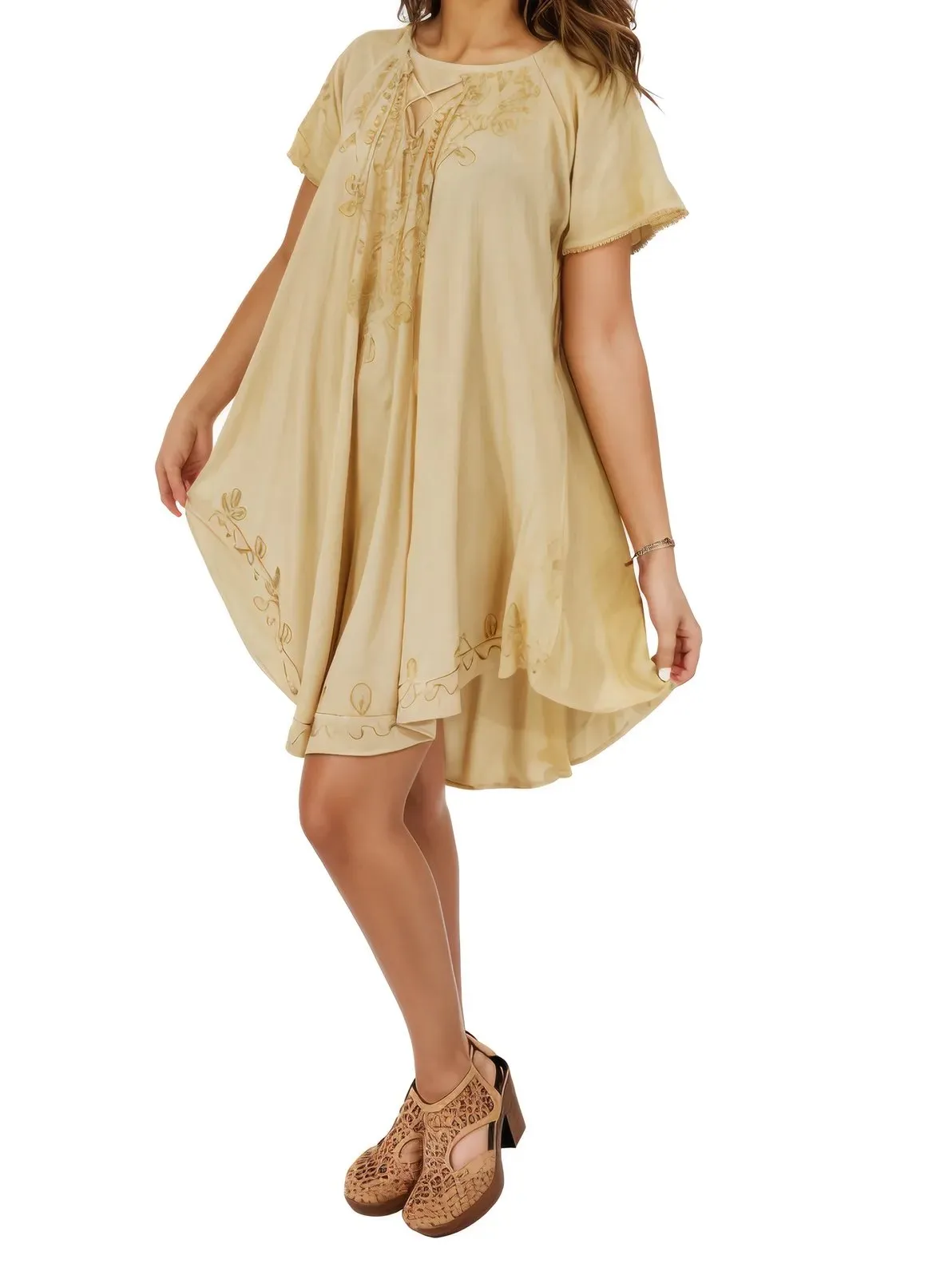 Antiqued Yellow Boho Short Sleeve Flowy Dress – Loose Fit| Tenku Designs