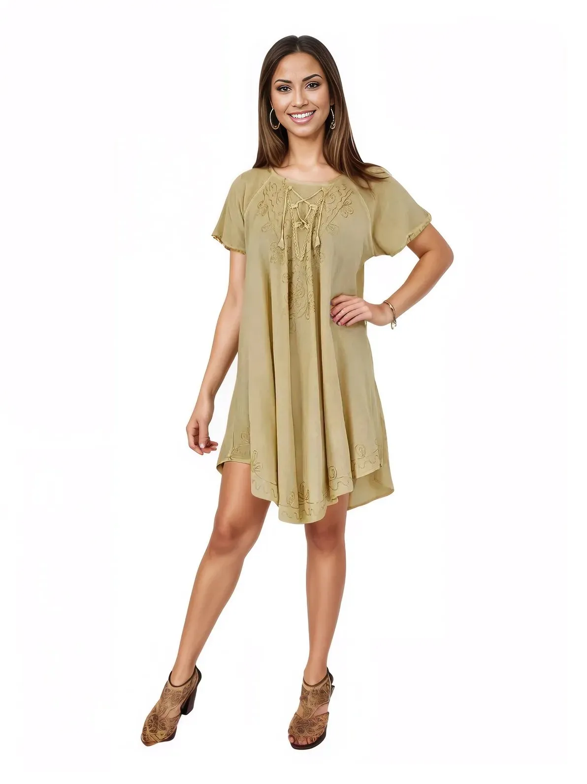 Antiqued Yellow Boho Short Sleeve Flowy Dress – Loose Fit| Tenku Designs