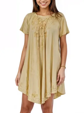 Antiqued Yellow Boho Short Sleeve Flowy Dress – Loose Fit| Tenku Designs