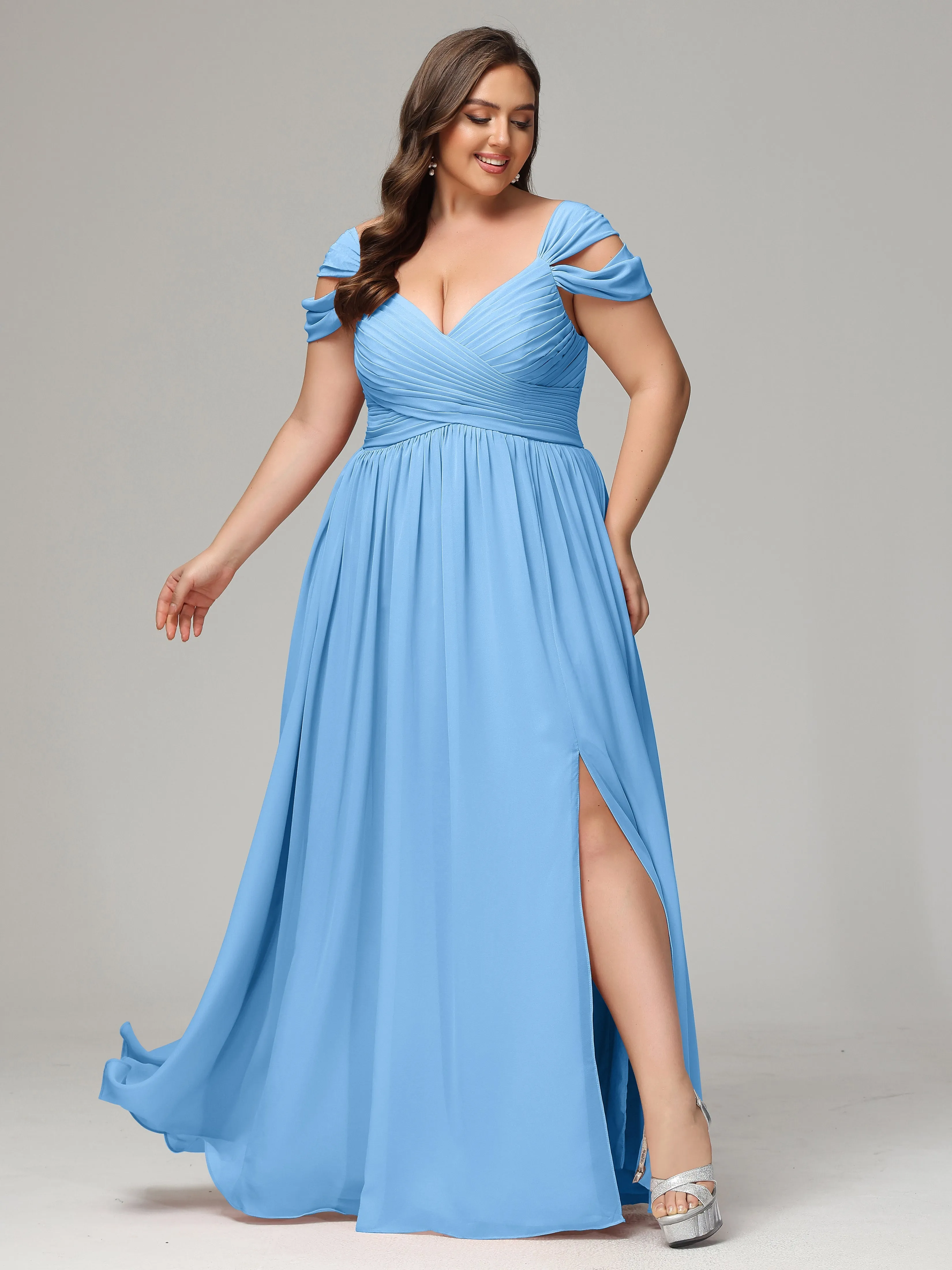 Blue Chiffon Bridesmaids Dresses Cap Sleeves Chiffon With Split Bridesmaid Dresses Online Plus Size