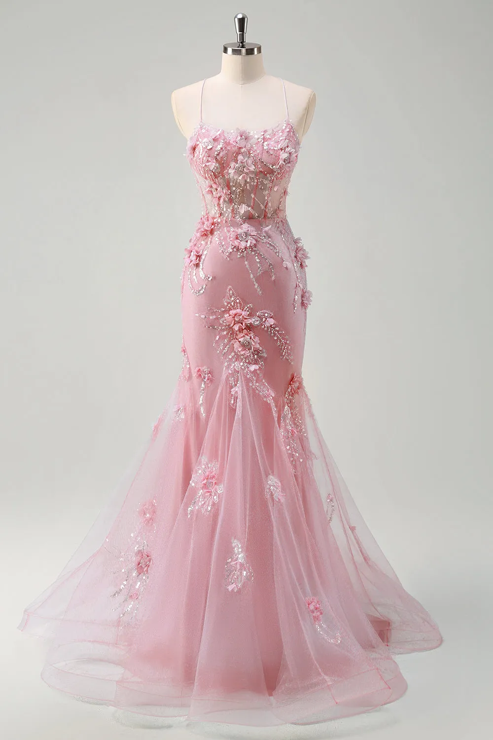 Blue Mermaid Spaghetti Straps Tulle Long Corset Prom Dress with 3D Flowers