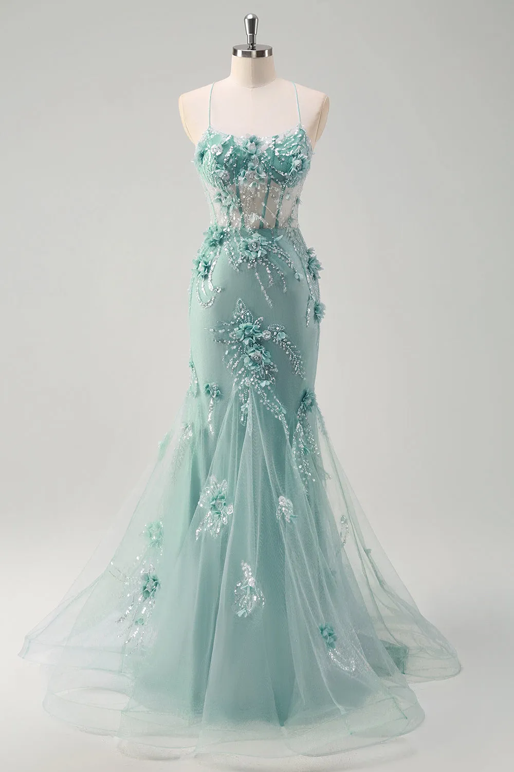 Blue Mermaid Spaghetti Straps Tulle Long Corset Prom Dress with 3D Flowers