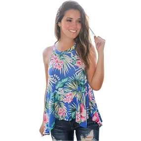 Blue Tropical Print Flowy Tank Top