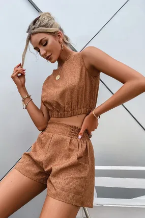Brown Sleeveless Crop Top & Shorts Two-Piece Set
