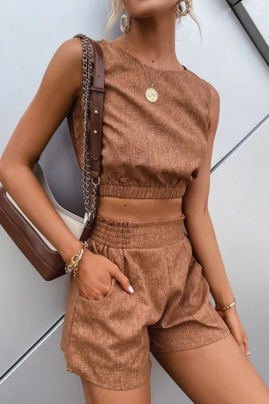Brown Sleeveless Crop Top & Shorts Two-Piece Set
