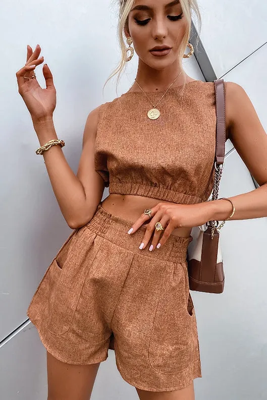 Brown Sleeveless Crop Top & Shorts Two-Piece Set