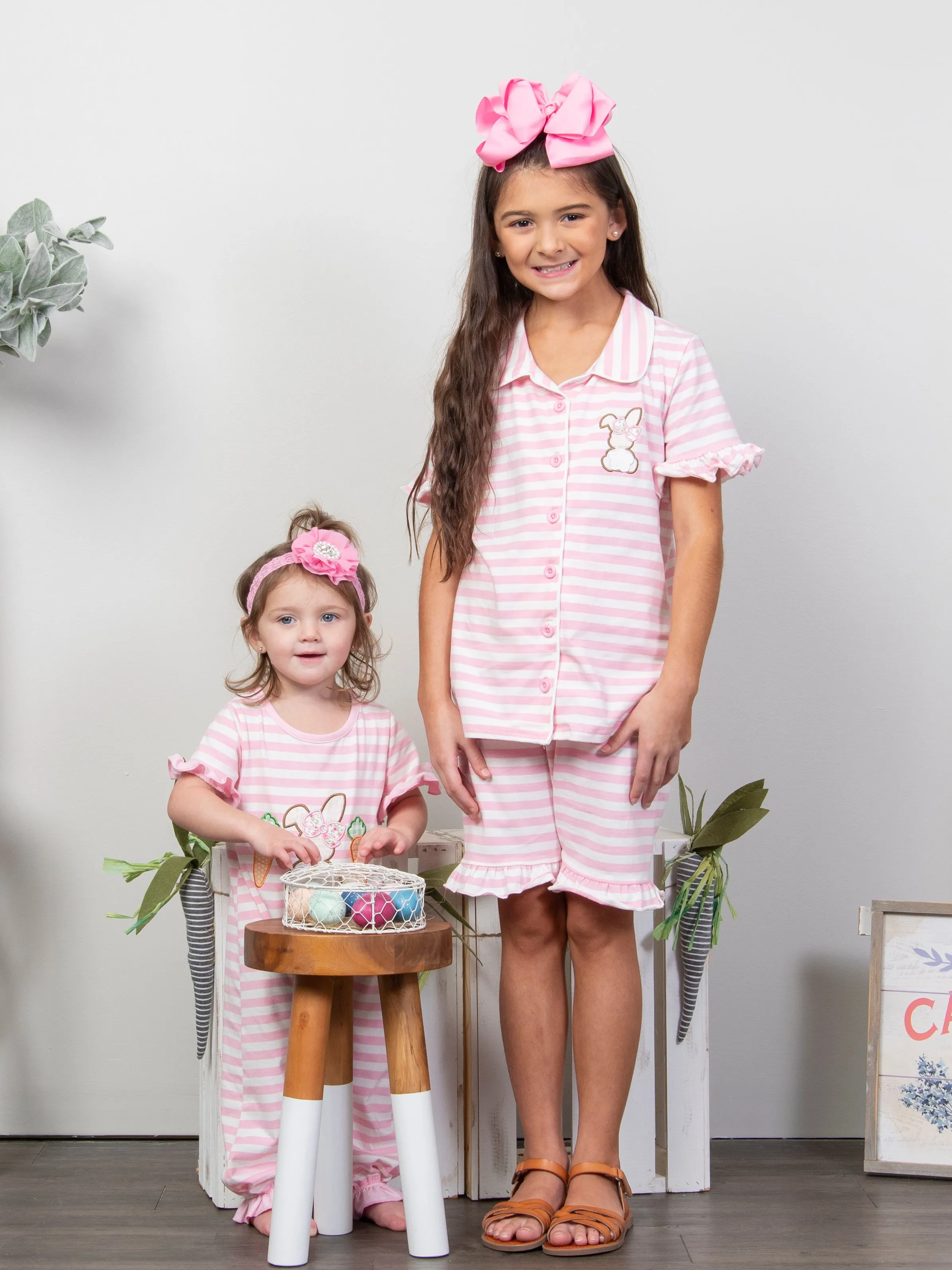Carnation Pink Striped Bunny Ruffle Pajamas