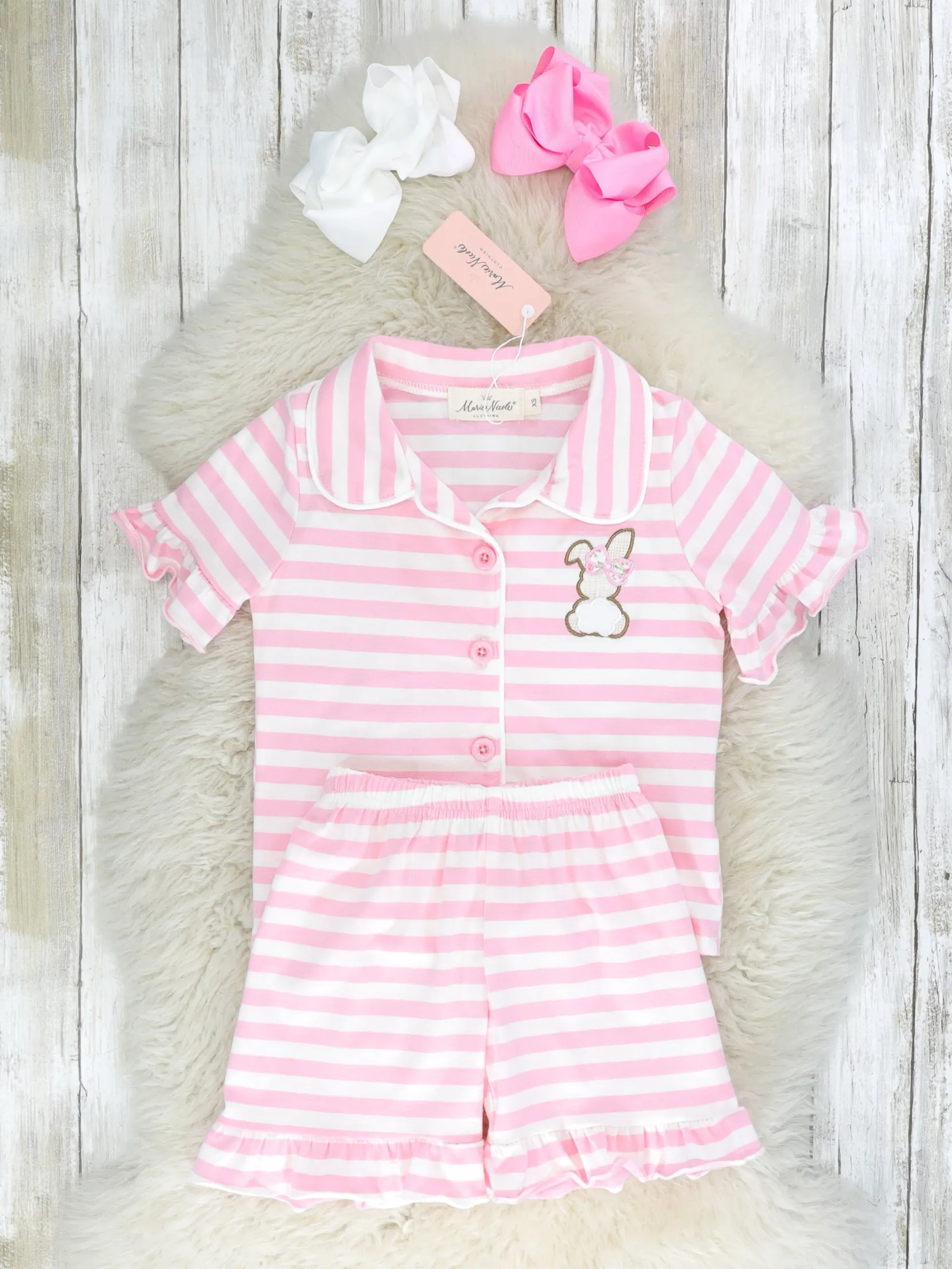 Carnation Pink Striped Bunny Ruffle Pajamas