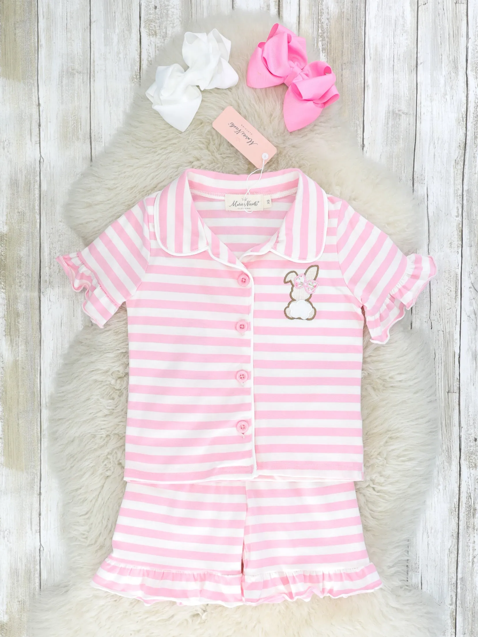 Carnation Pink Striped Bunny Ruffle Pajamas