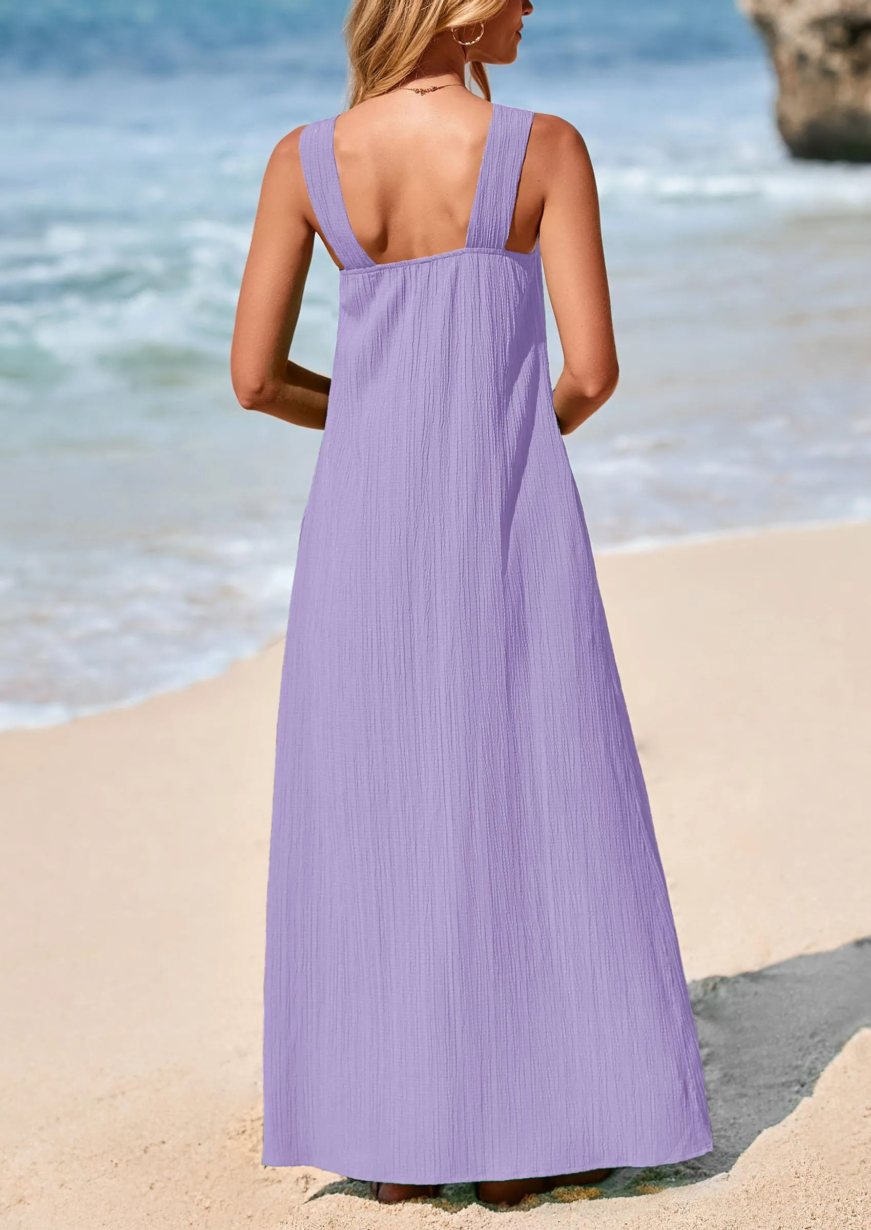 Casual Sleeveless Strappy Loose Flowy Beach Maxi Dress with Pockets