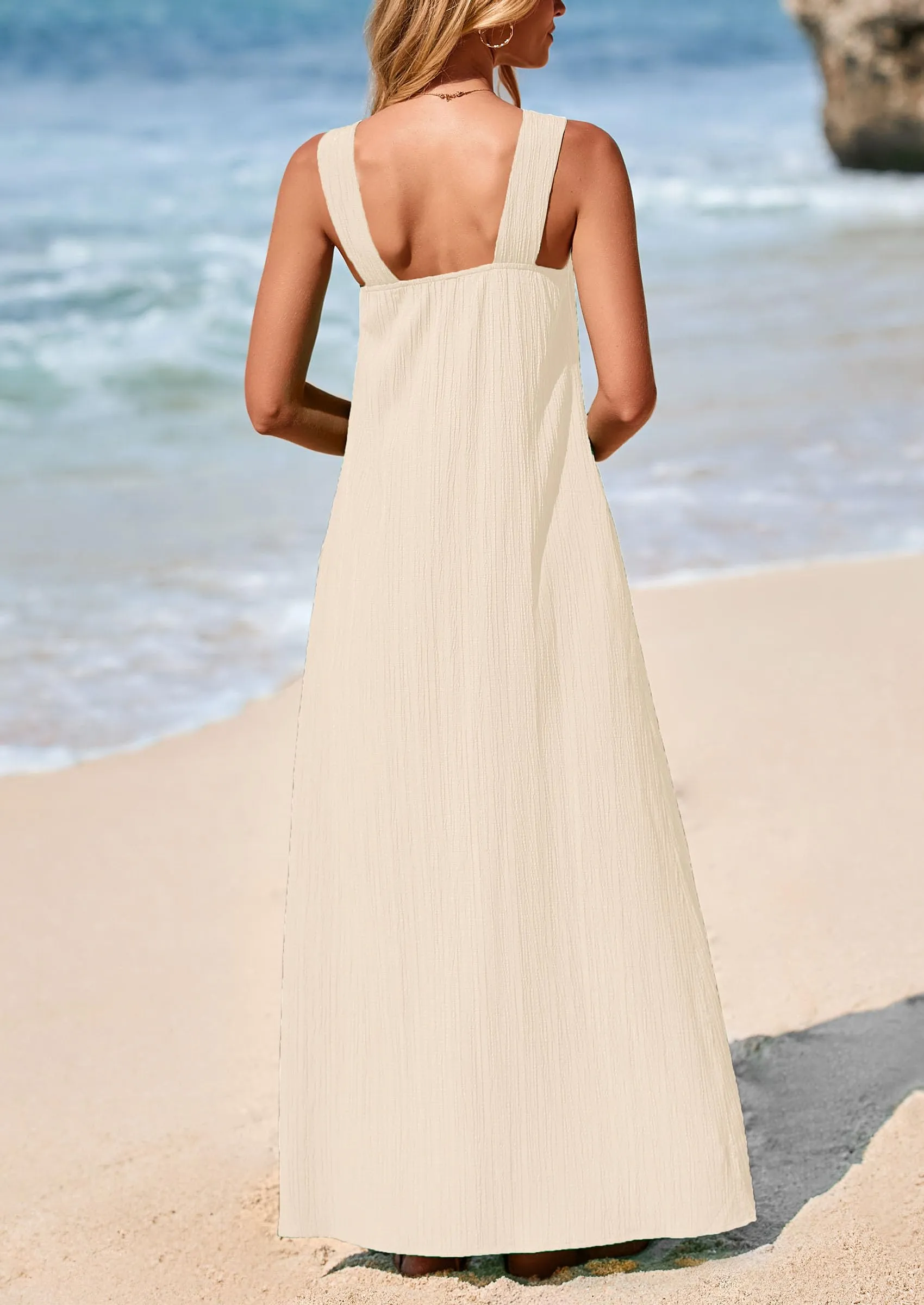 Casual Sleeveless Strappy Loose Flowy Beach Maxi Dress with Pockets