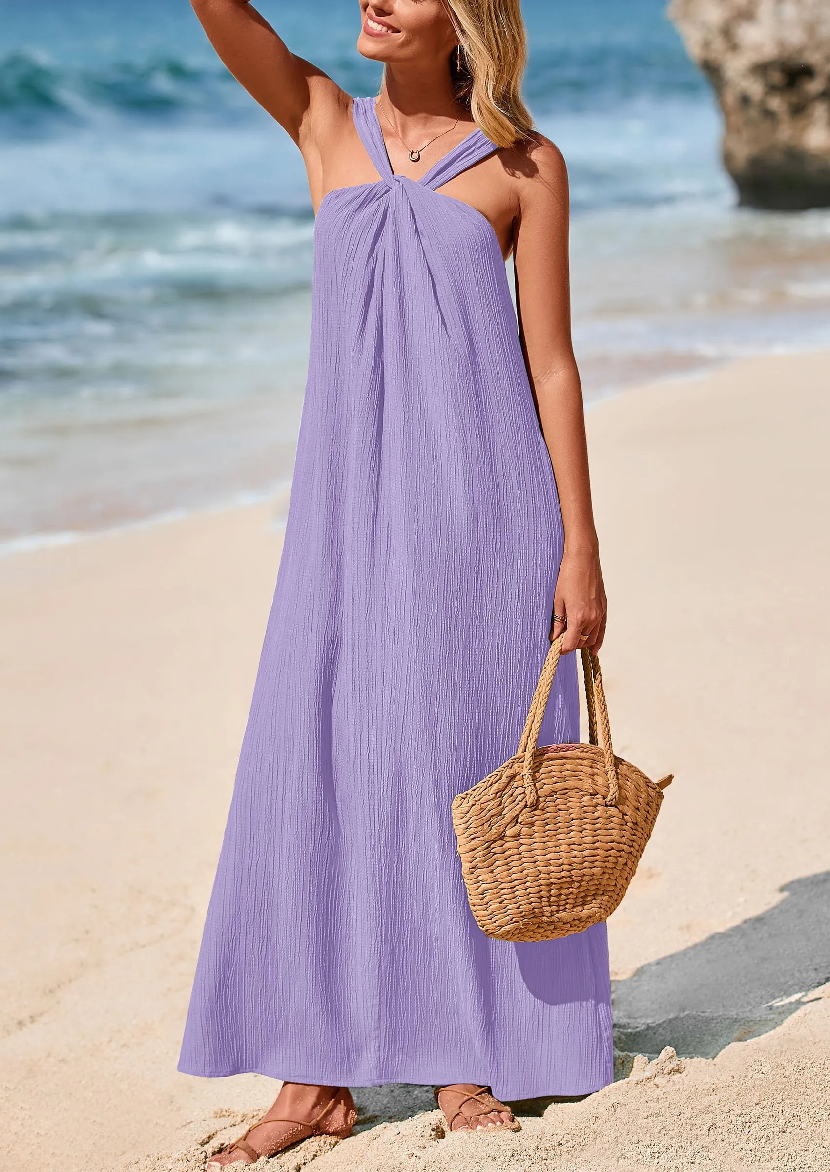 Casual Sleeveless Strappy Loose Flowy Beach Maxi Dress with Pockets