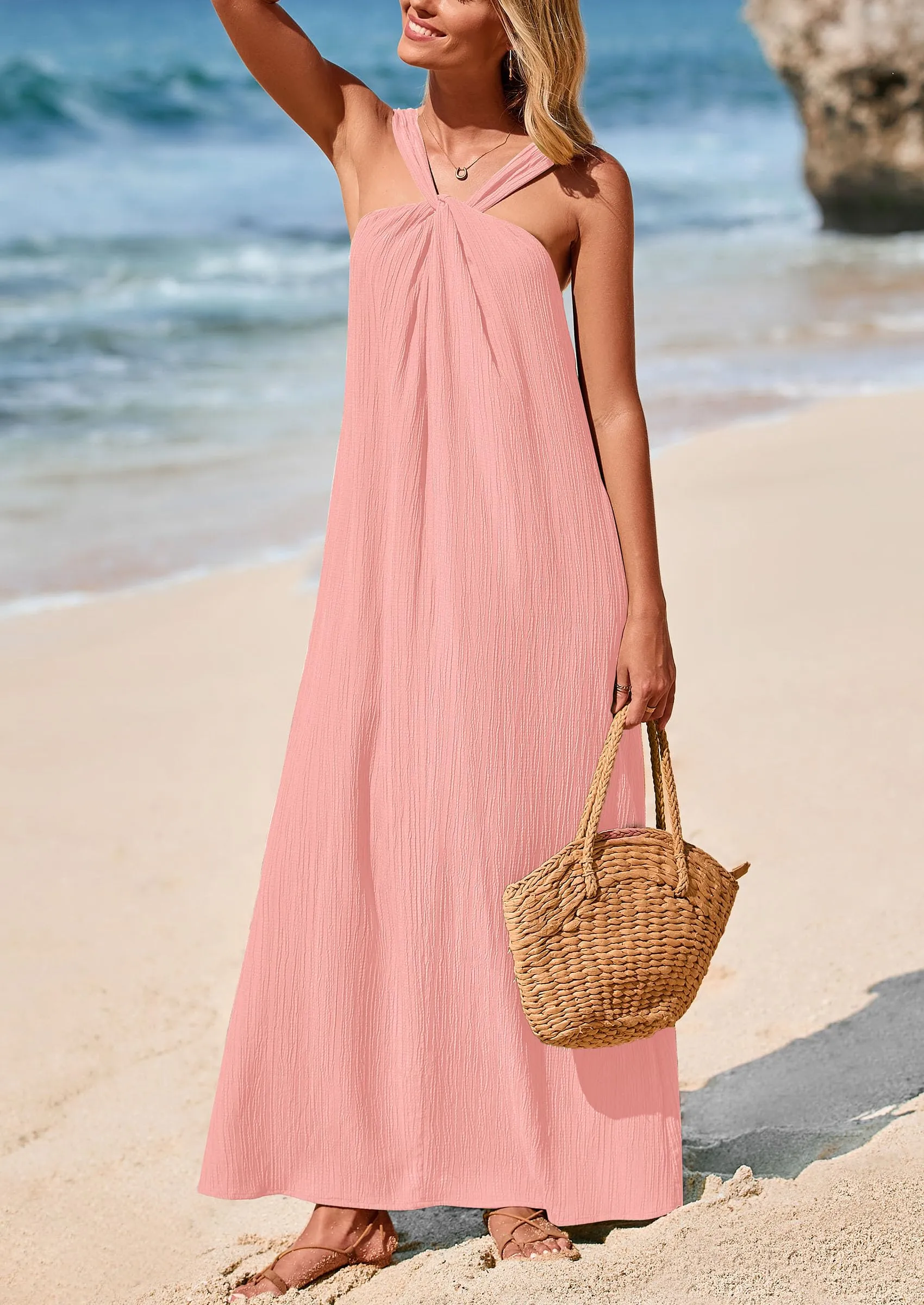 Casual Sleeveless Strappy Loose Flowy Beach Maxi Dress with Pockets