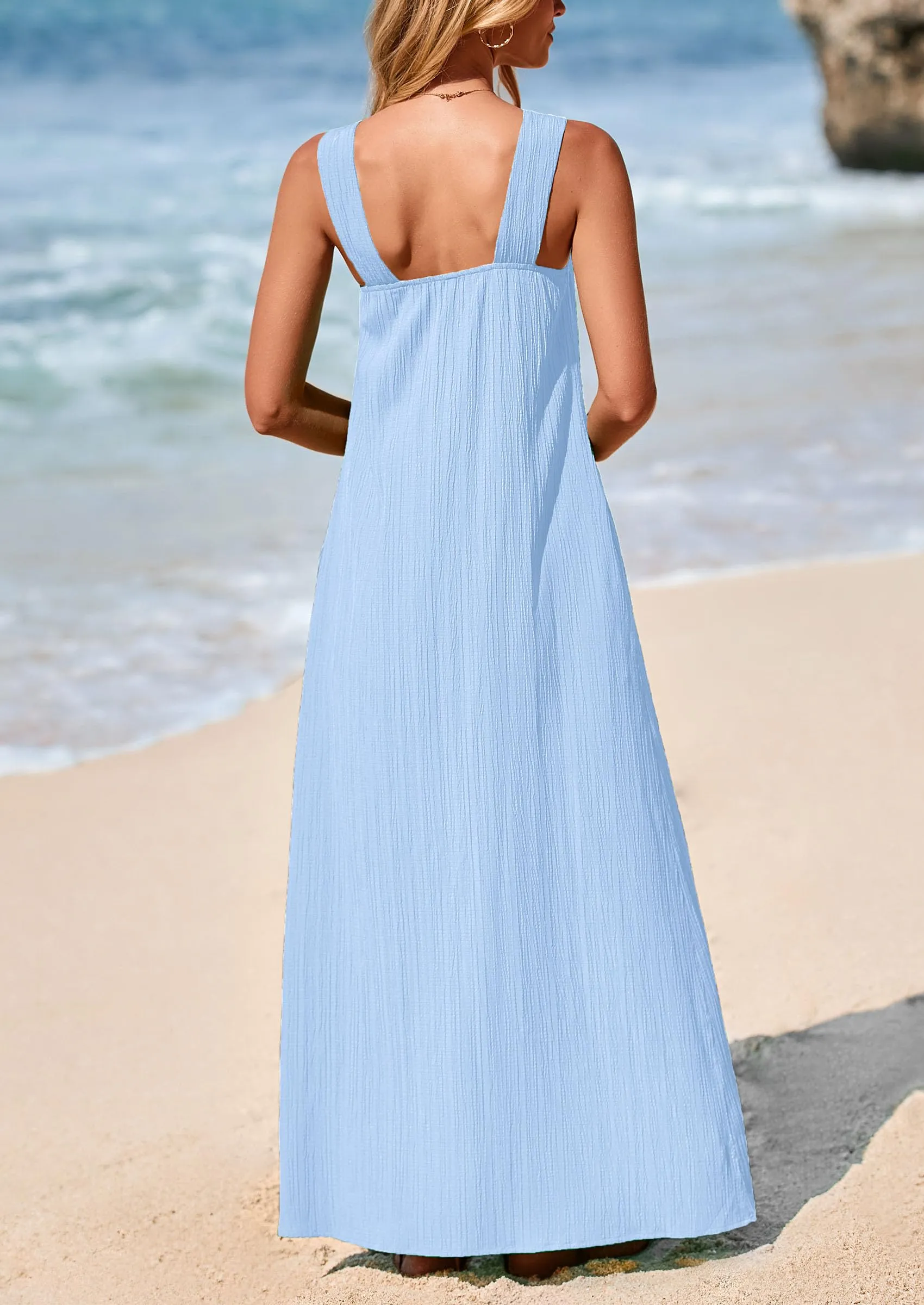 Casual Sleeveless Strappy Loose Flowy Beach Maxi Dress with Pockets