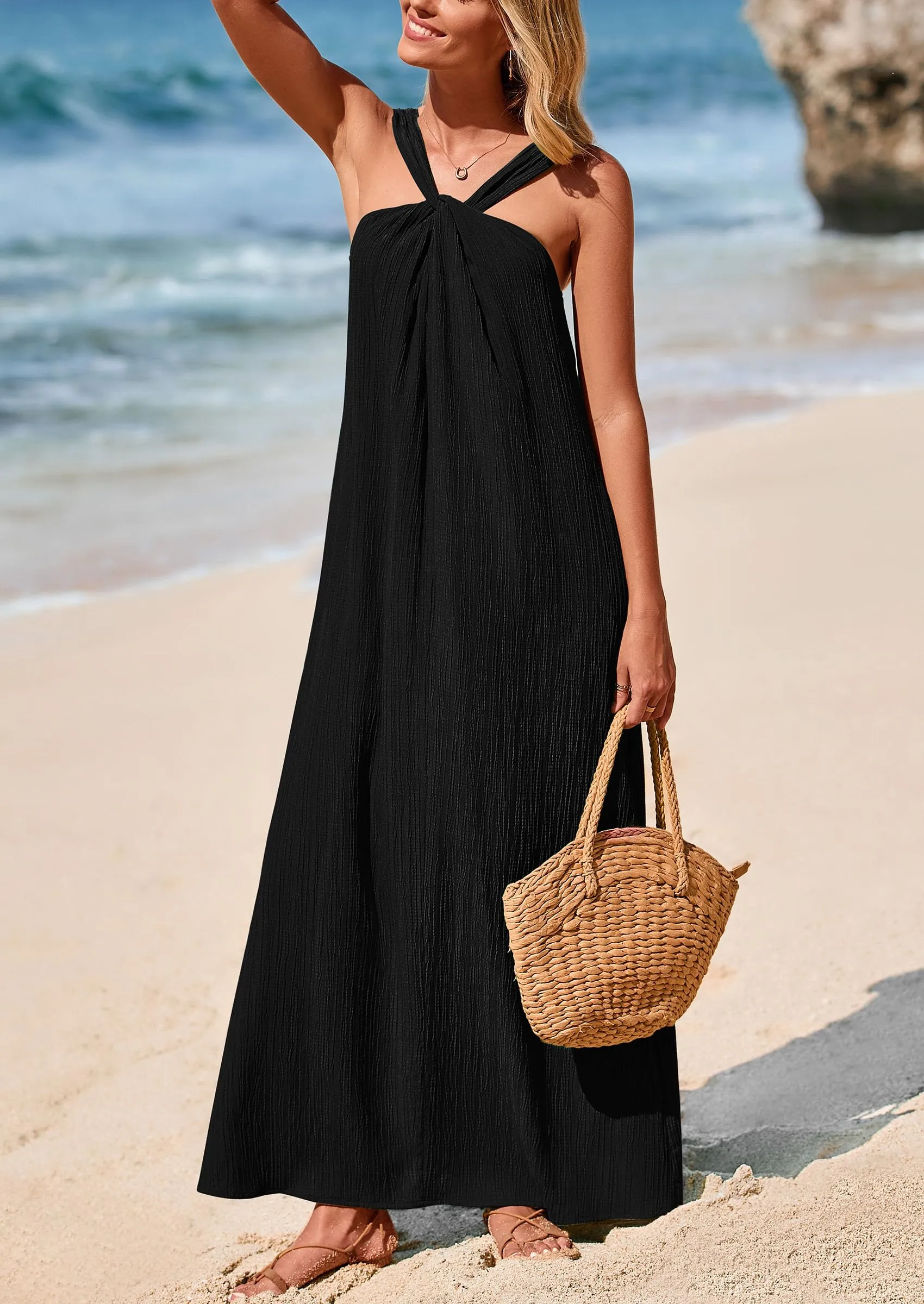 Casual Sleeveless Strappy Loose Flowy Beach Maxi Dress with Pockets