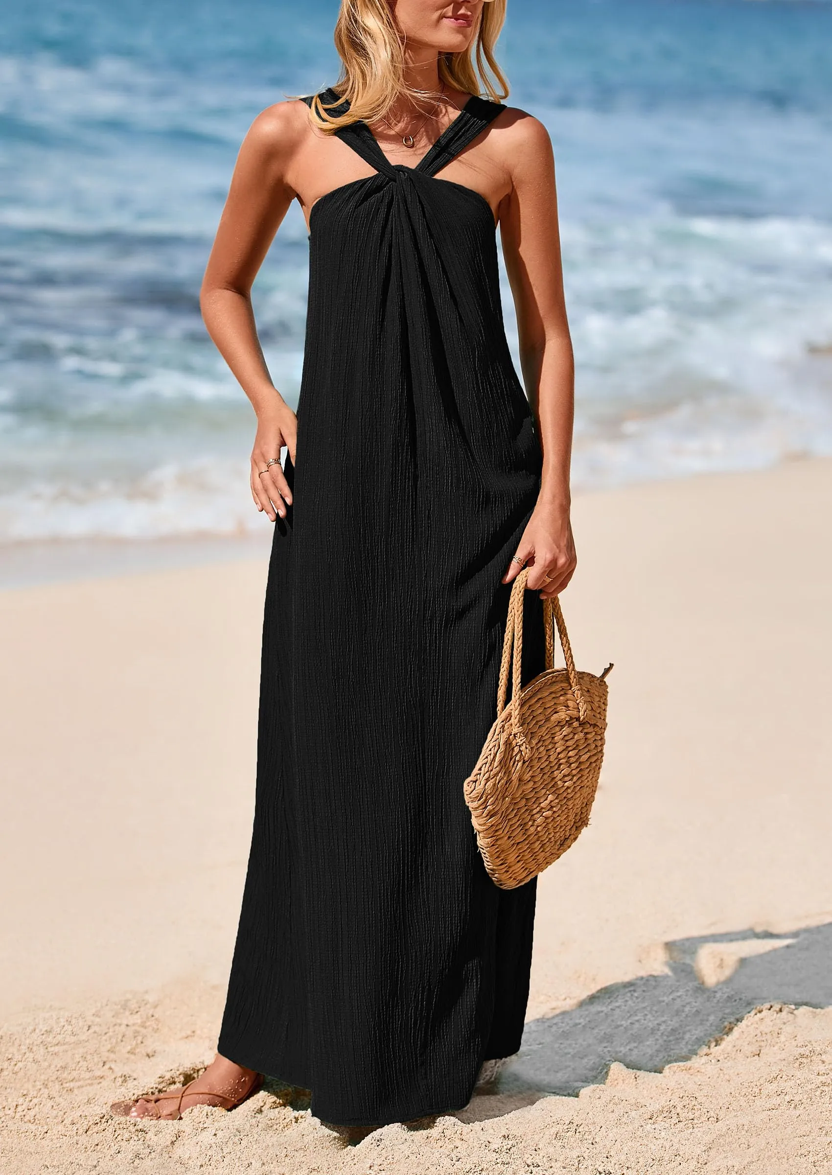 Casual Sleeveless Strappy Loose Flowy Beach Maxi Dress with Pockets