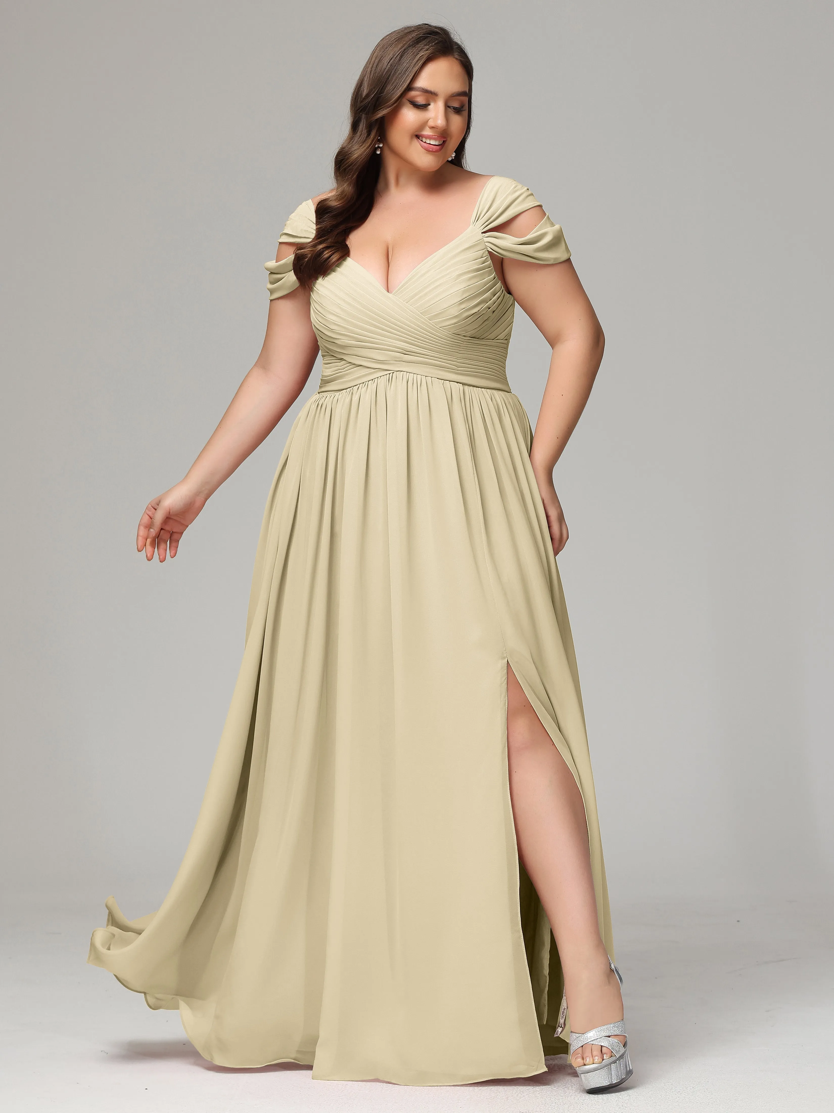 Champagne Bridesmaid Dresses With Bride Cap Sleeves Chiffon With Split Plus Size Bridesmaid Dresse