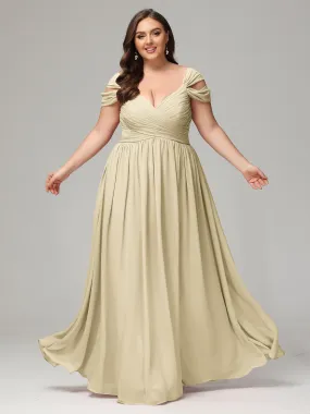 Champagne Bridesmaid Dresses With Bride Cap Sleeves Chiffon With Split Plus Size Bridesmaid Dresse