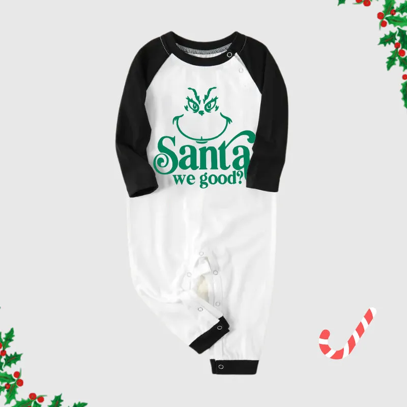 Christmas Cute Cartoon Face and "Santa We Good?" Letter Print Casual Long Sleeve Sweatshirts Black Contrast Top and Black and Green Plaid Pants Family Matching Pajamas Sets