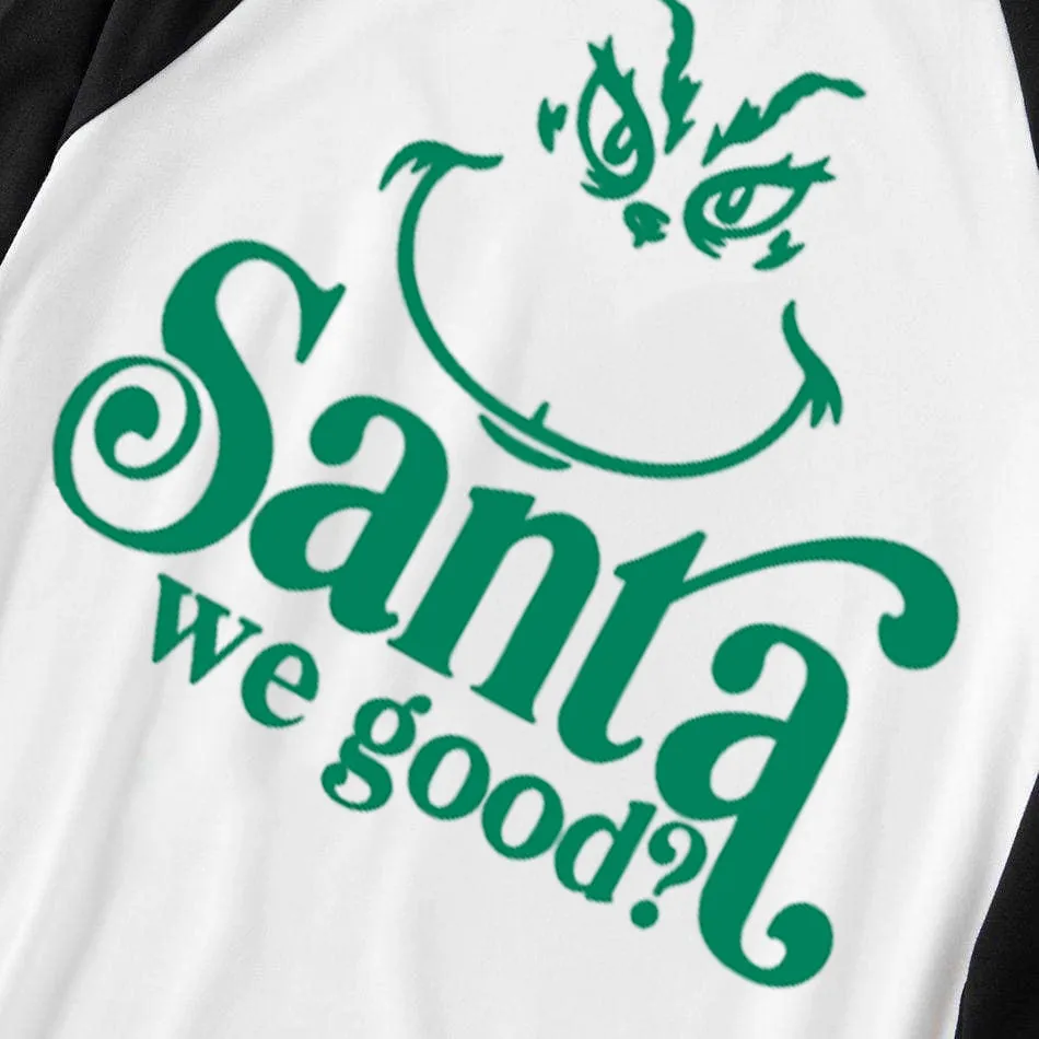 Christmas Cute Cartoon Face and "Santa We Good?" Letter Print Casual Long Sleeve Sweatshirts Black Contrast Top and Black and Green Plaid Pants Family Matching Pajamas Sets