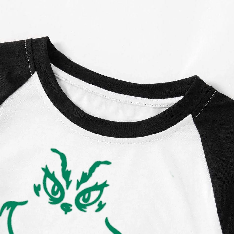 Christmas Cute Cartoon Face and "Santa We Good?" Letter Print Casual Long Sleeve Sweatshirts Black Contrast Top and Black and Green Plaid Pants Family Matching Pajamas Sets