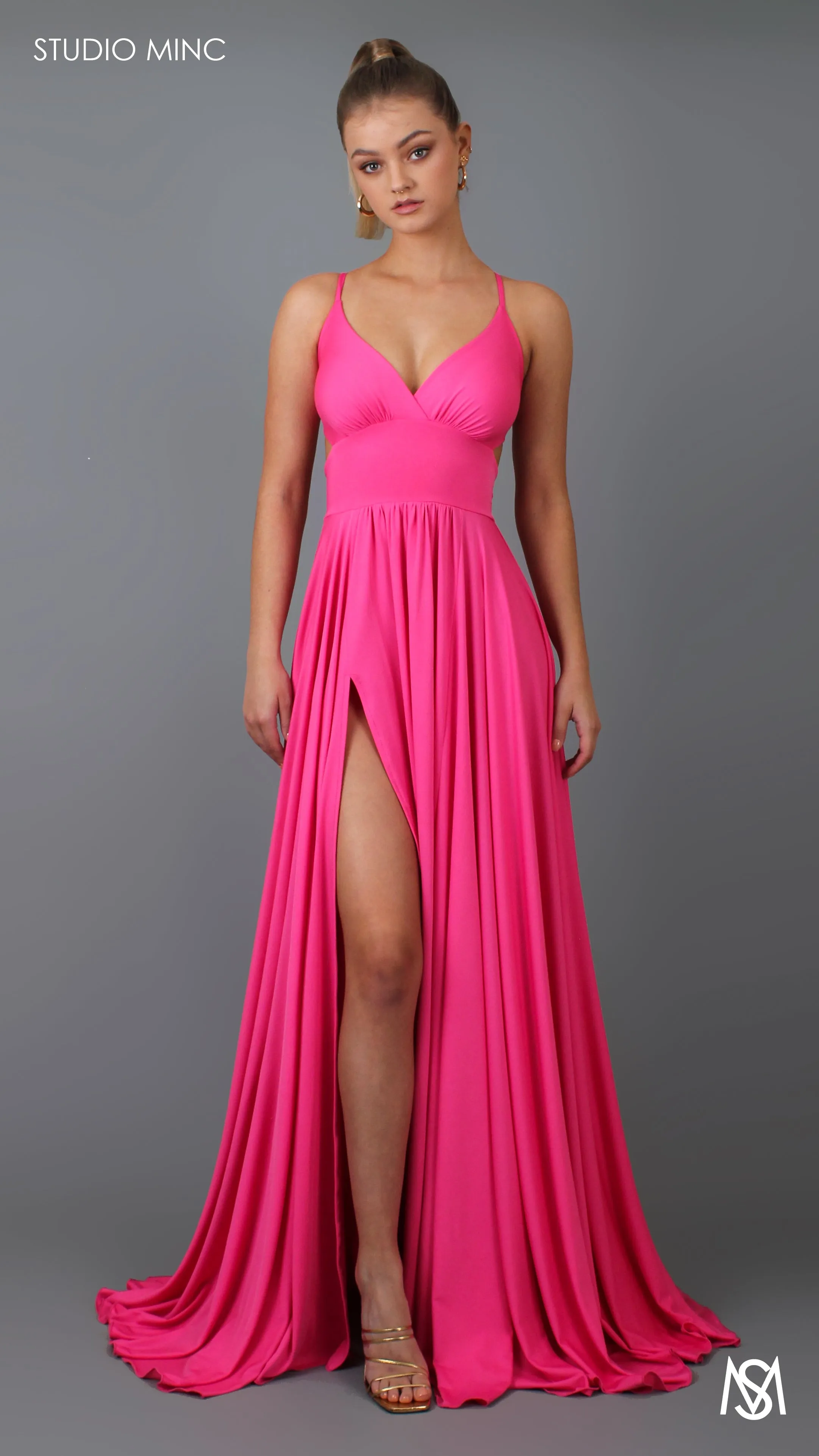 COSMO - Hibiscus Hot Pink Formal Dress with Leg Split & Cut Outs