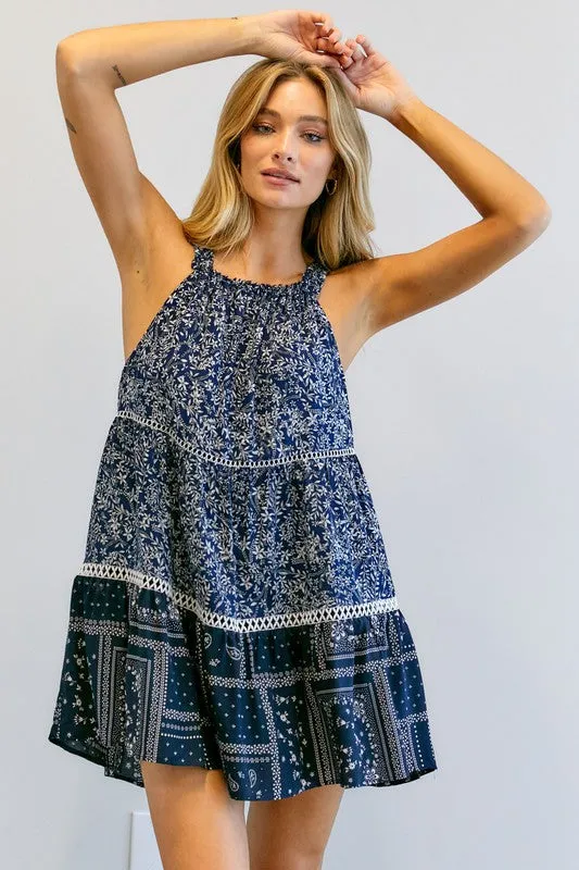 Davi & Dani Printed Halter Neck Mini Tunic Dress