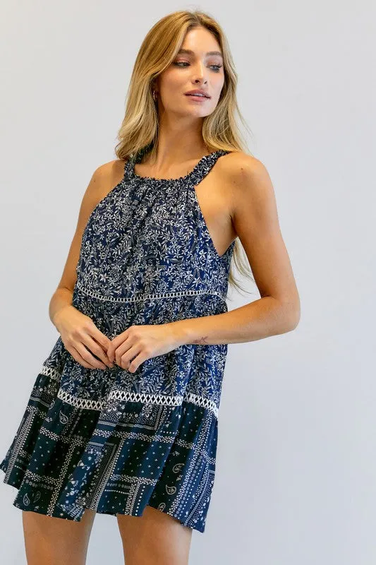 Davi & Dani Printed Halter Neck Mini Tunic Dress