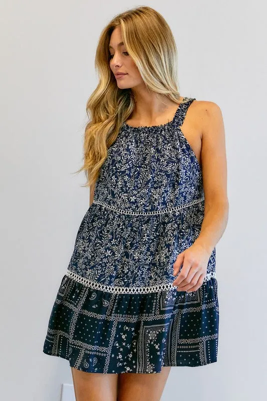 Davi & Dani Printed Halter Neck Mini Tunic Dress