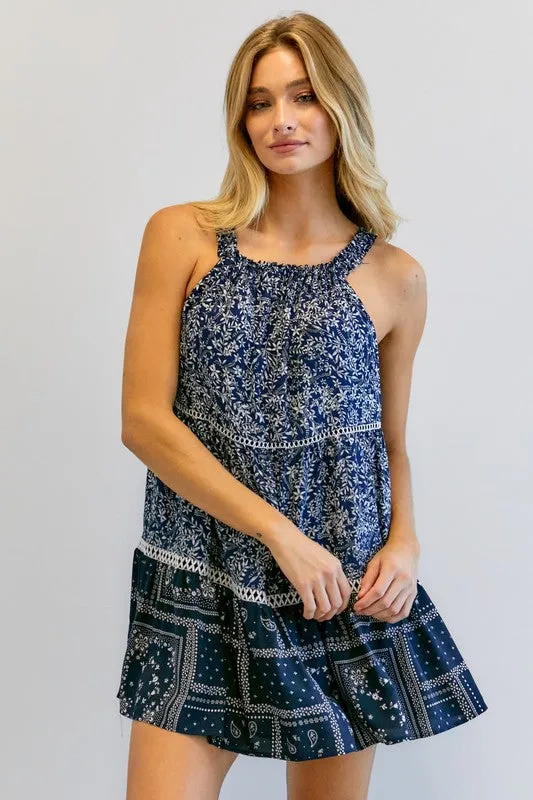 Davi & Dani Printed Halter Neck Mini Tunic Dress