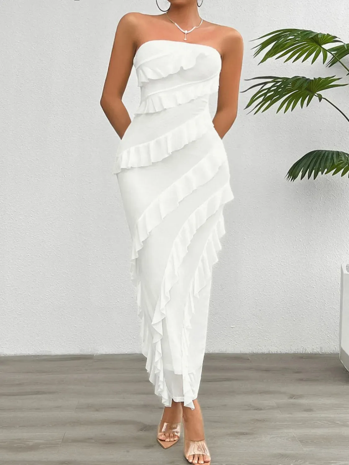 Devine Ruffled Slit Back Tube Maxi Dress