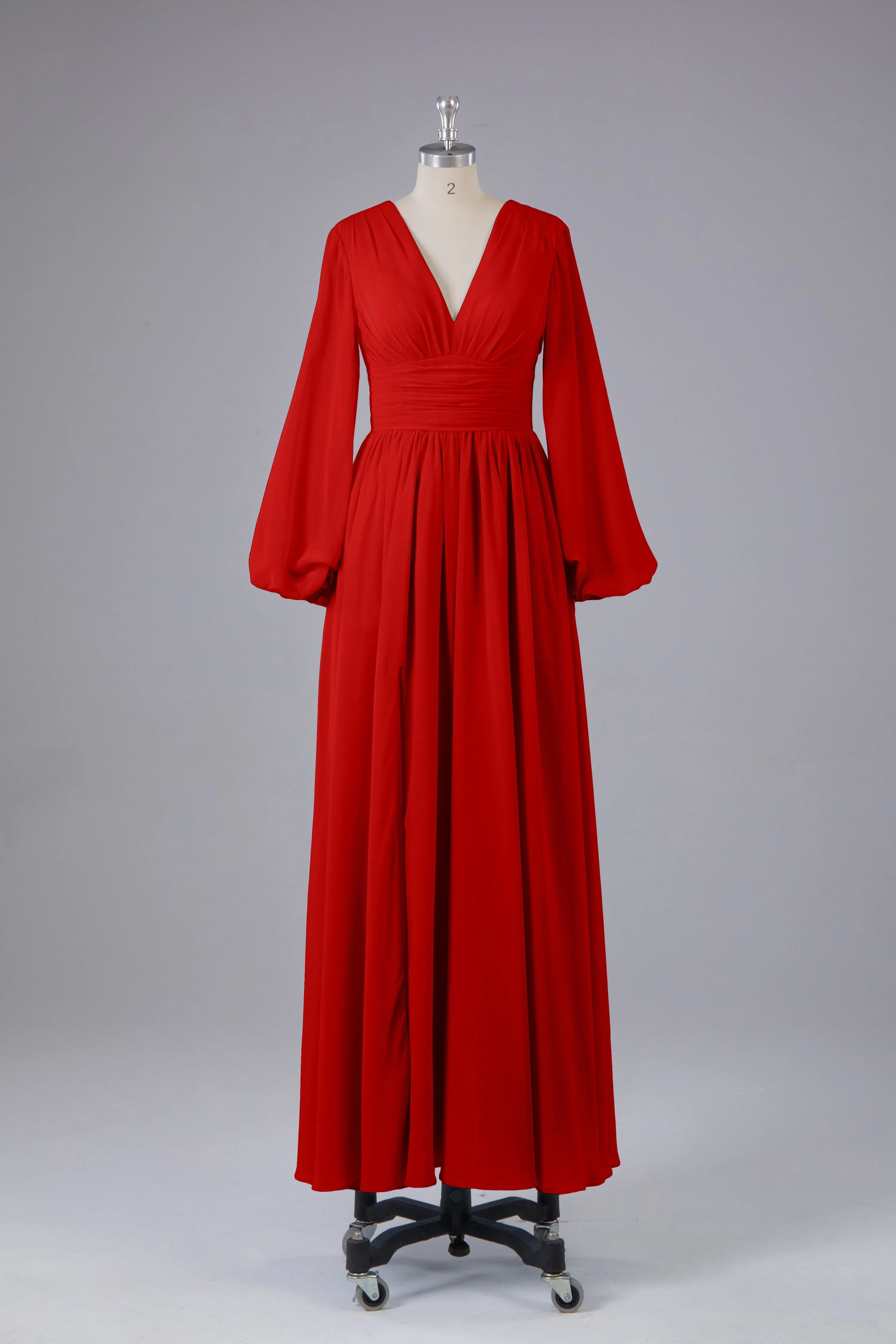 Elegant Long Sleeves V Neck Chiffon Long Bridesmaid Dresses