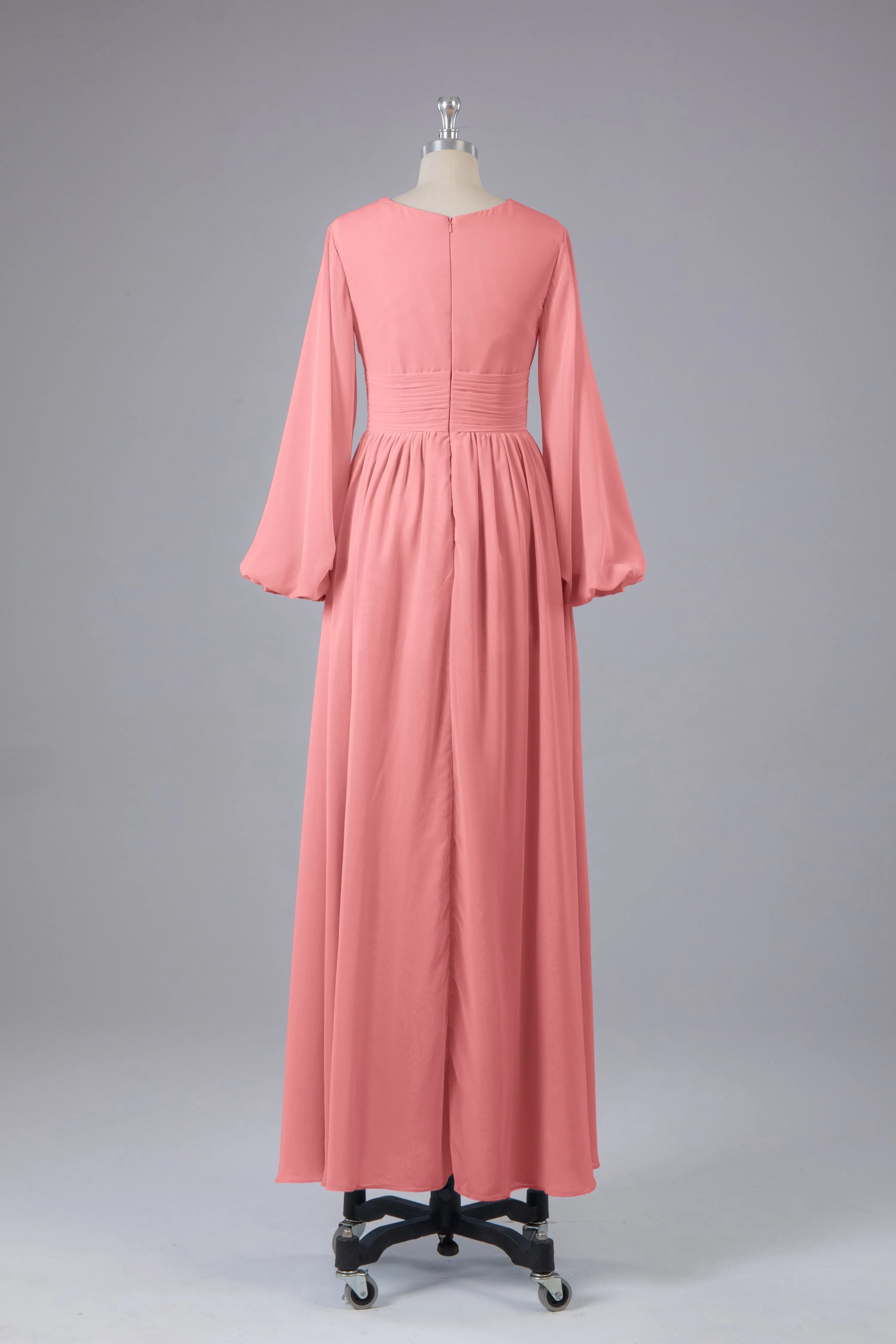 Elegant Long Sleeves V Neck Chiffon Long Bridesmaid Dresses