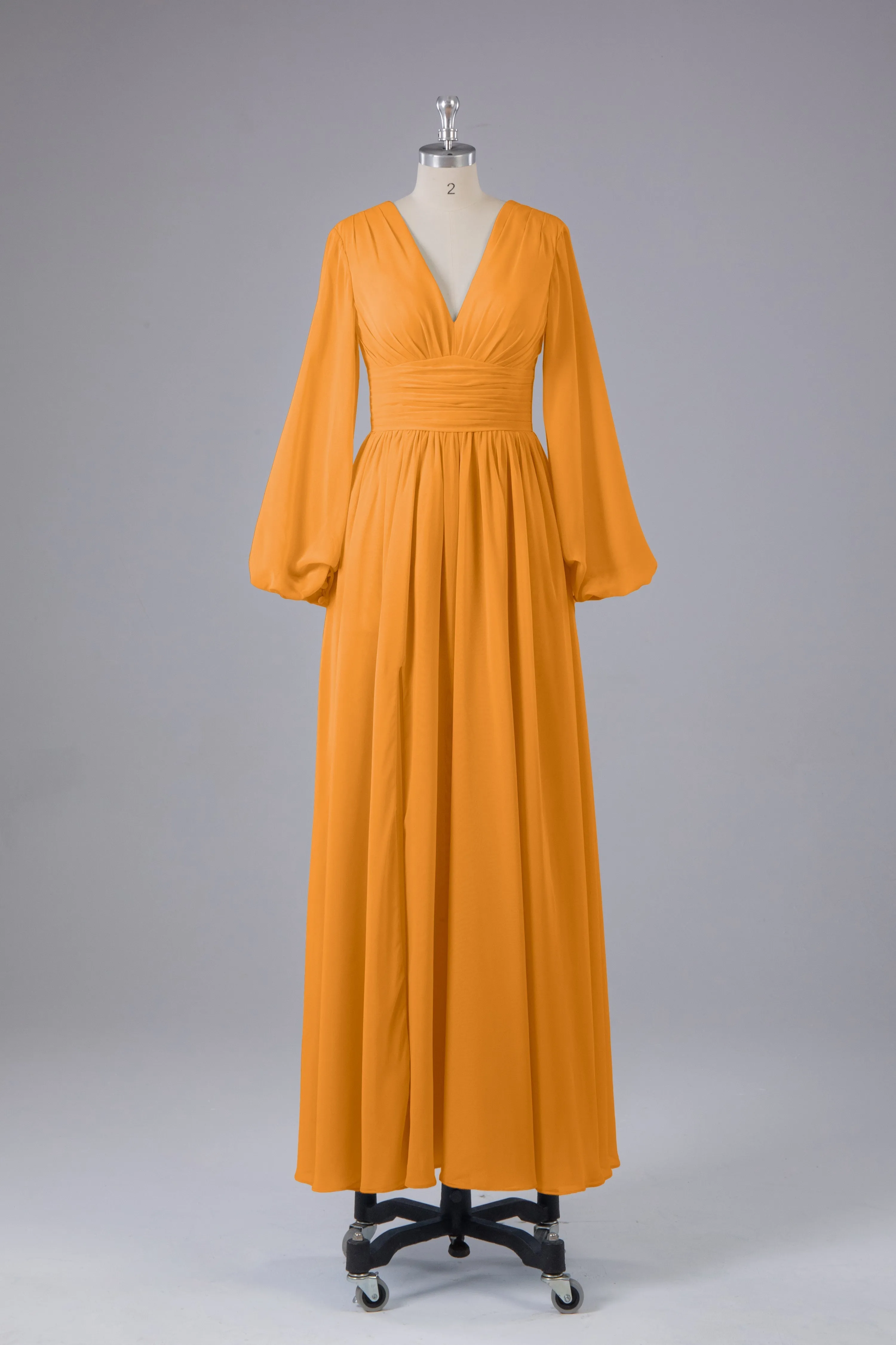 Elegant Long Sleeves V Neck Chiffon Long Bridesmaid Dresses