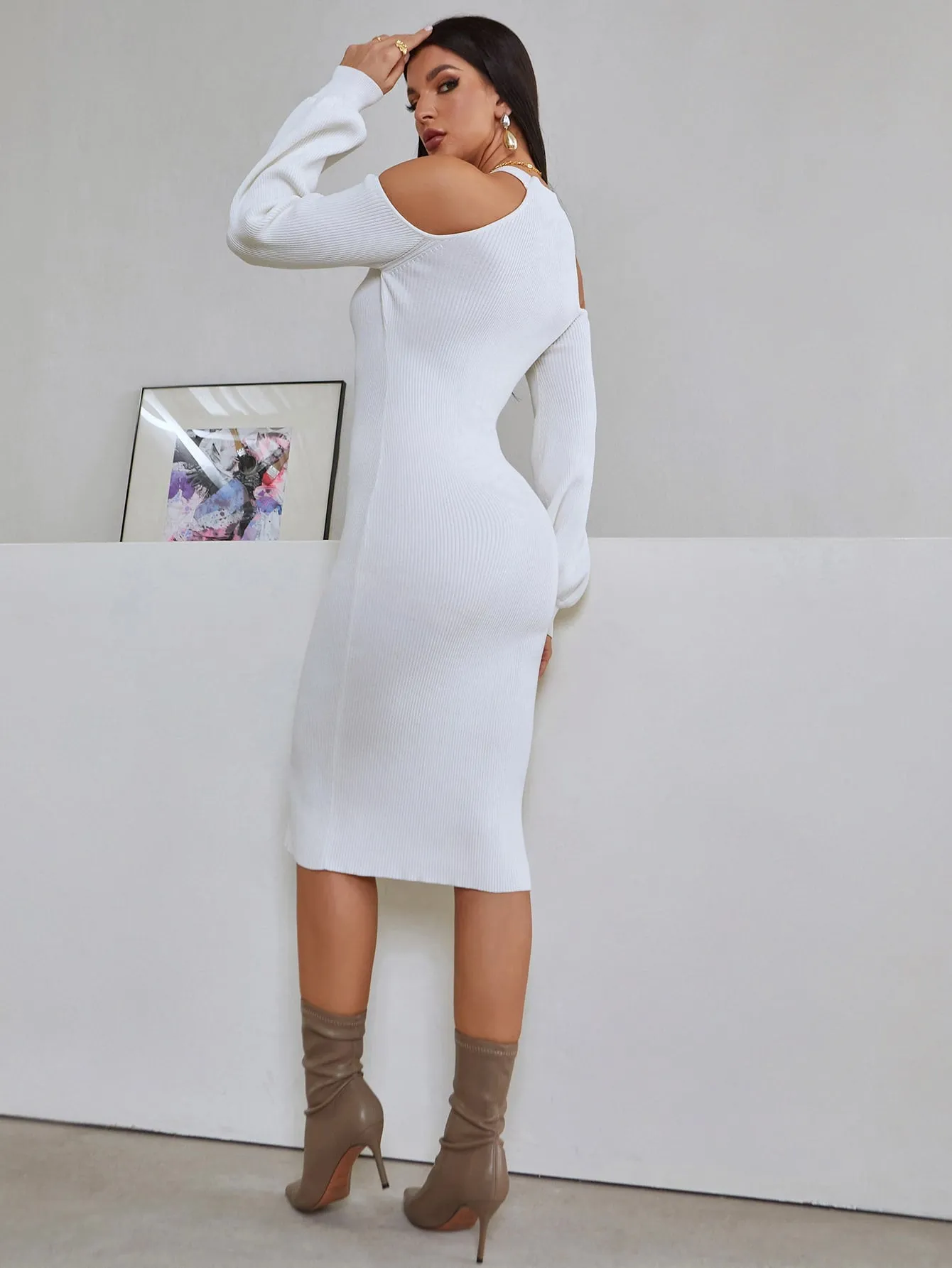 Elegant Plain Cut Out Long Sleeve Stand Collar Semi-Sheer Pencil High Waist Midi Women Sweater Dress
