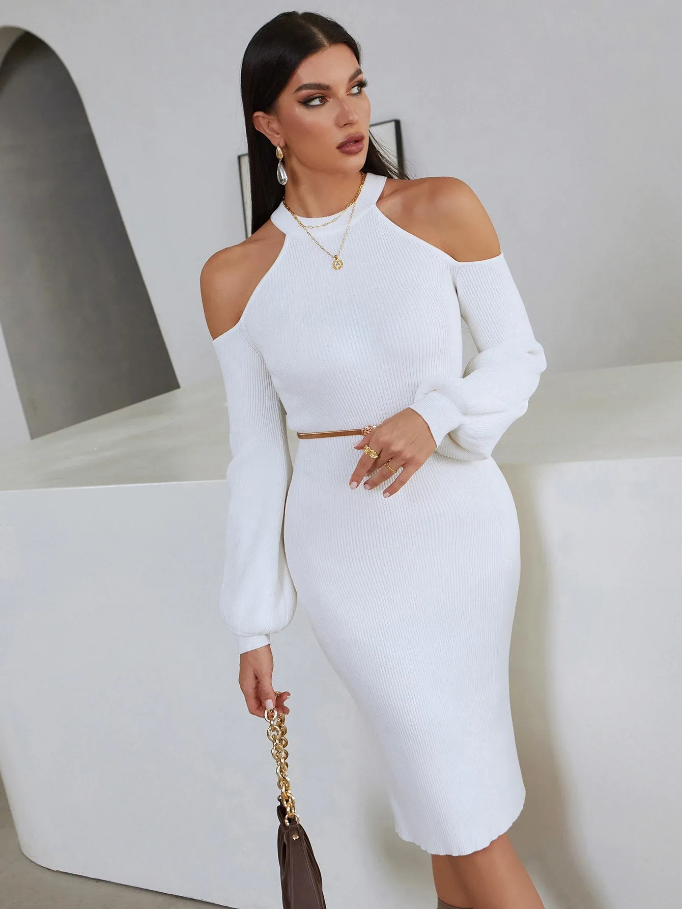 Elegant Plain Cut Out Long Sleeve Stand Collar Semi-Sheer Pencil High Waist Midi Women Sweater Dress