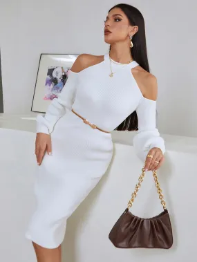 Elegant Plain Cut Out Long Sleeve Stand Collar Semi-Sheer Pencil High Waist Midi Women Sweater Dress
