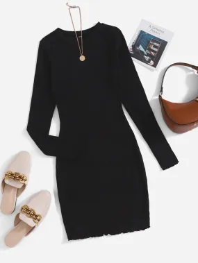 Elegant Plain Rib-Knit Long Sleeve Round Neck Pencil Natural Short Dress