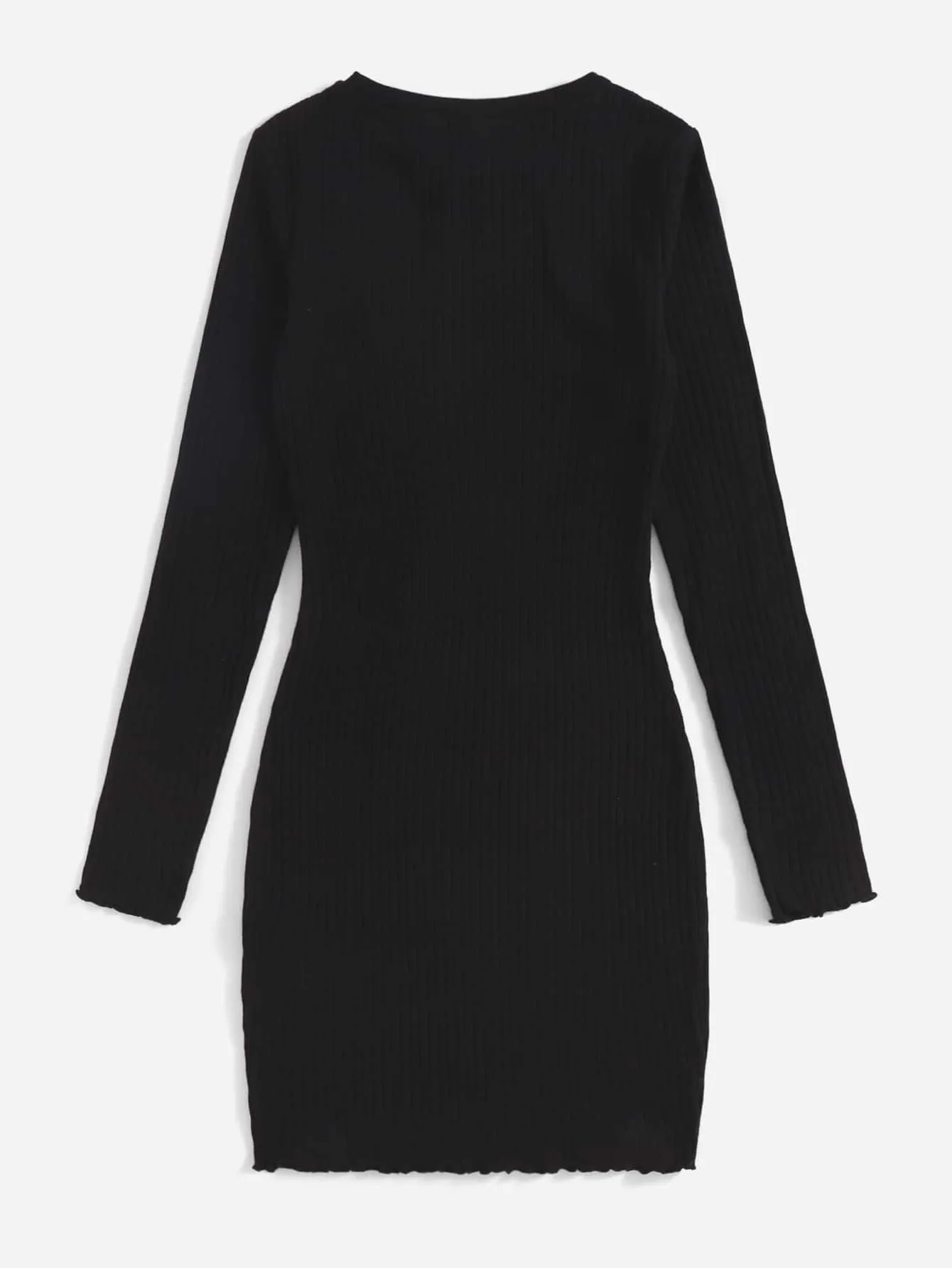 Elegant Plain Rib-Knit Long Sleeve Round Neck Pencil Natural Short Dress