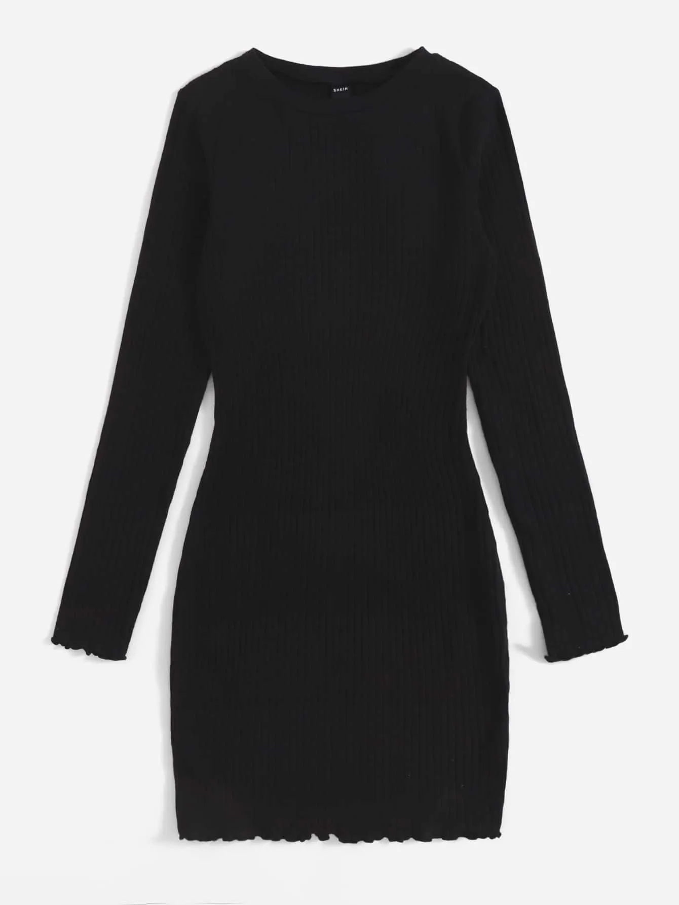 Elegant Plain Rib-Knit Long Sleeve Round Neck Pencil Natural Short Dress