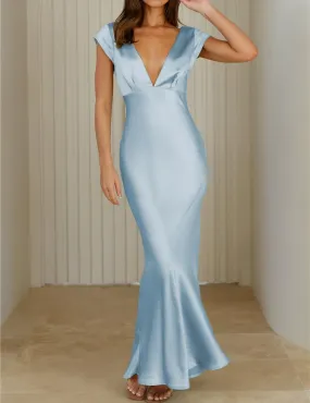 Elegant V Neck Cap Sleeve Backless Satin formal dresses Bridesmaid Dresses evening gown Prom Dress