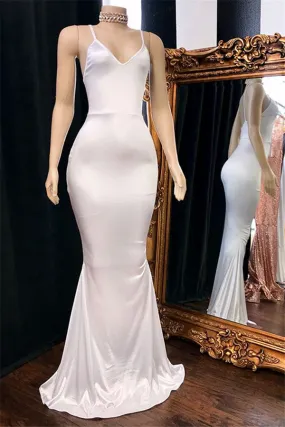 Eye-catching Long Mermaid Spaghetti Straps V-neck White Prom Dress
